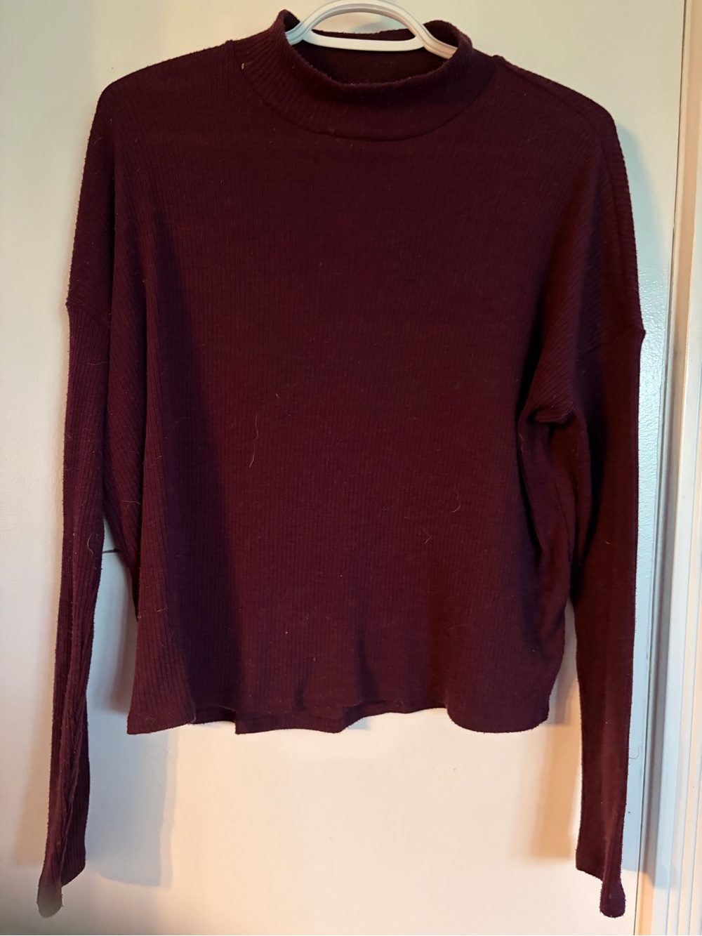 H&M Burgundy Mock Neck Ribbed Long-Sleeve Top